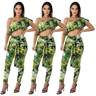 Bodycon Leaf Printing Oblique Shoulder Women Suits SDD9105