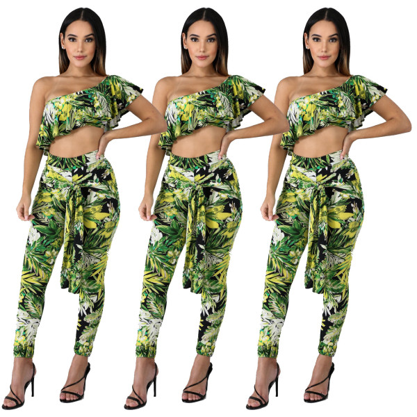 Bodycon Leaf Printing Oblique Shoulder Women Suits SDD9105