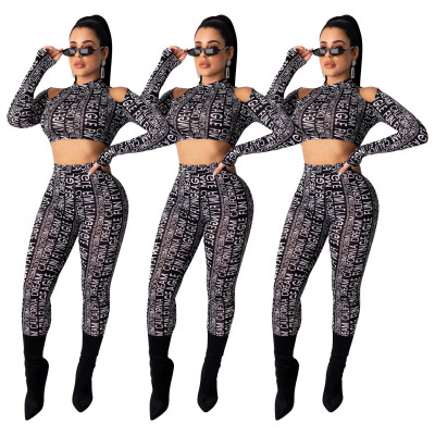 Letters Printing Stylish Female Suits Crop Top Pencil Pants SDD9205