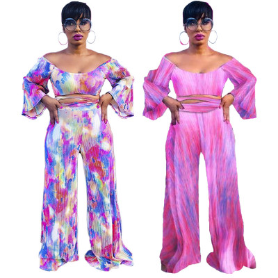 Unique Printing Outfits Bandage Crop Top Straight Pants CCY8160