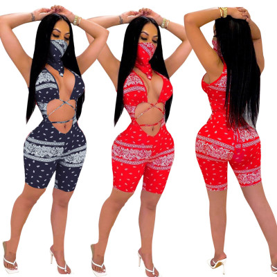 Sexy Printed Suspenders Hollow Out Lace-Up Jumpsuit (including triangle scarf) S6226
