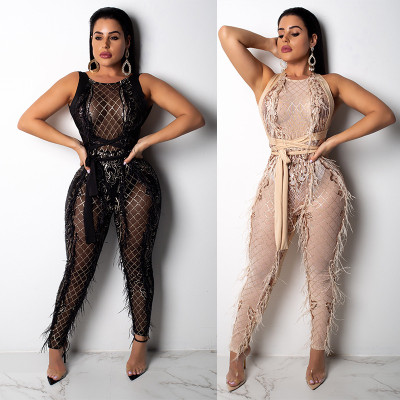 Sequins Tessel Fringes See Through Jumpsuits CCY8043