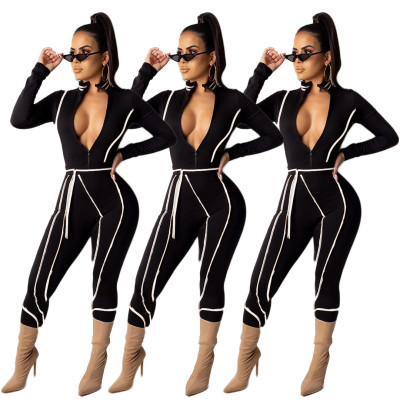 New Arrival Ladies Zip Up Stripe Splicing Tight Jumpsuit AMM8200
