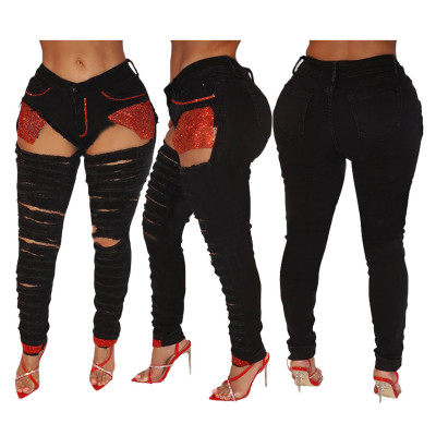 Women's sequin pockets, hot drills, ripped holes, jeans Q631