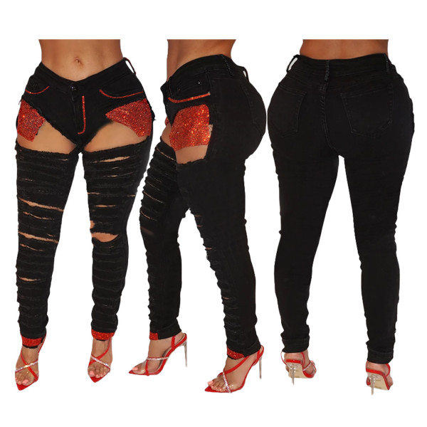 Women's sequin pockets, hot drills, ripped holes, jeans Q631
