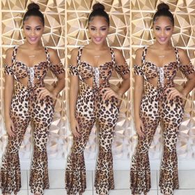 Cheap Leopard Printing Outfits Bra Top Condole Belt Flares Pants YX9138