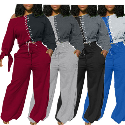 Casual Stitching Strappy Off Shoulder Long Sleeves Mini Top With Wide Leg Pants Plus Size Two Piece