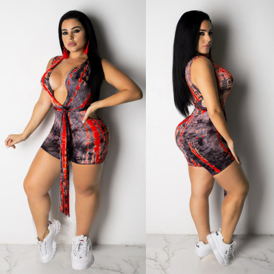 Slim Printing Deep V Neck Sleeveless Jumpsuit For Day T3352H