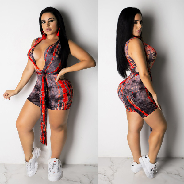 Slim Printing Deep V Neck Sleeveless Jumpsuit For Day T3352H