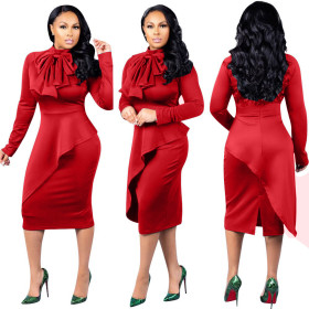 Elegant Knot Bow Long Sleeves Midi Dress H1070