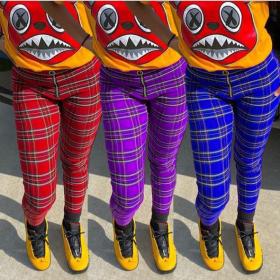 Fashion casual sexy plaid print zipper waist elastic slim fit all-match trousers SM9104