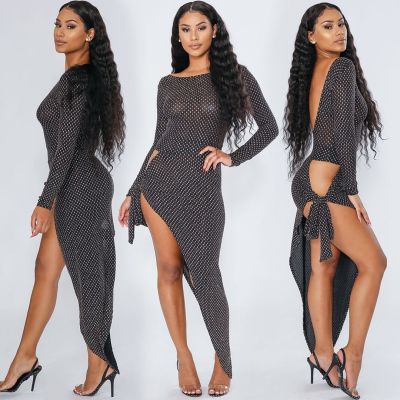 Unique Women Irregular Polka Dots Backless Dress TH3283