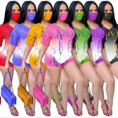 Fashion Gradient Color Printed Short Sleeves T-Shirt With Short Two Piece Set (Including Mask)ZSC030
