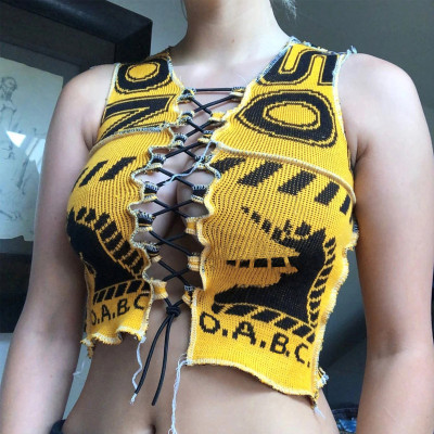 Womens anti-car side lace-up print vest T082770X