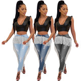 Casual Acid?Washes Ripped Bottoms Plus Size Women Fringed Jeans Q378