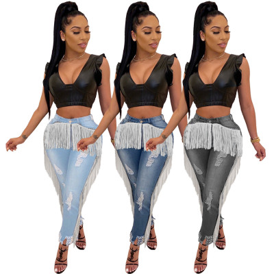 Casual Acid?Washes Ripped Bottoms Plus Size Women Fringed Jeans Q378