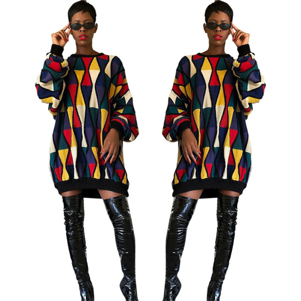 Hot Sale Casual Plaid Sweater Dress H1086