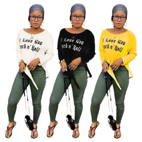 Casual Letters Printing Bandage Long Sleeves T-Shirt U7053