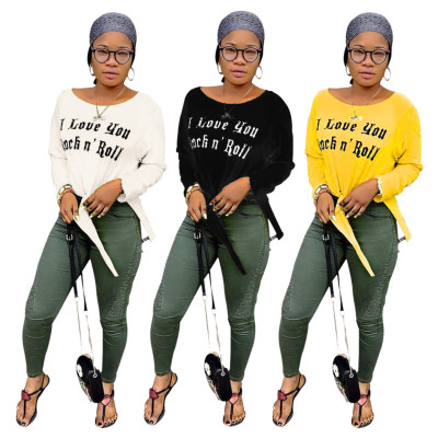 Casual Letters Printing Bandage Long Sleeves T-Shirt U7053