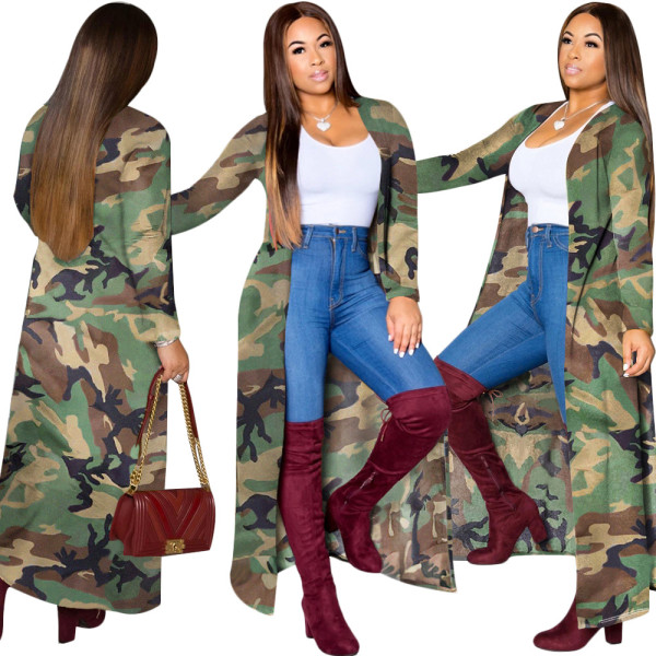 Camouflage Loose Cardigan Outerwear Long Sleeve Lady Coat SN3735
