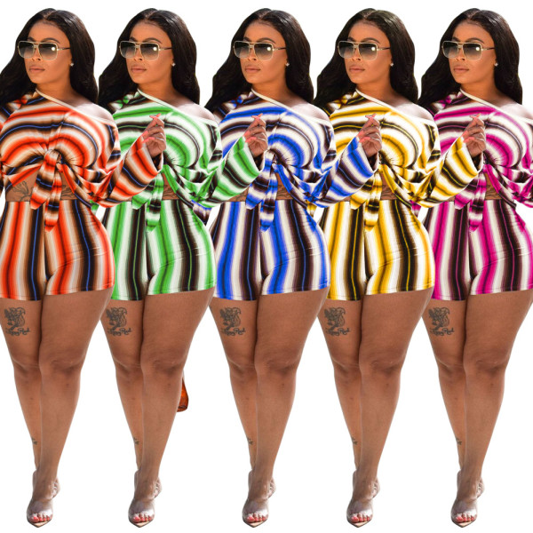 Leisure Striped Sets Oblique Shoulder Tied Top Bodycon Shorts X9184