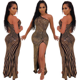Sexy Rhinestone Slim Mesh One Shoulder Split Long Dress XZ3222
