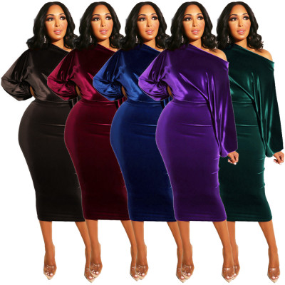Latest Solid Color Off Shoulder Velvet Bubble Sleeve Pencil Dress GL6091