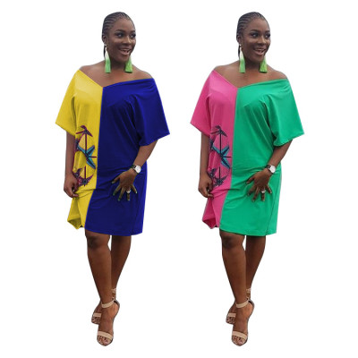 Color Patchwork Loose T-Shirt V Neck Short Dress F8123