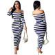 Ladies Stripe Bodycon Dew Shoulder Midi Dress OFN6244