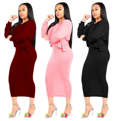 Leisure Solid Sets Sleeveless Bodycon Dress+Cover Up Tops QQM3895