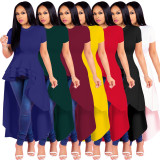 Irregular Flounces Skirt Hem Dress Short Sleeve Plain Top X9033