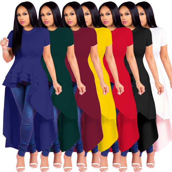 Irregular Flounces Skirt Hem Dress Short Sleeve Plain Top X9033