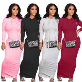 Casual Solid Color Long Sleeves Hooded Bodycon Long Dress BLX7540