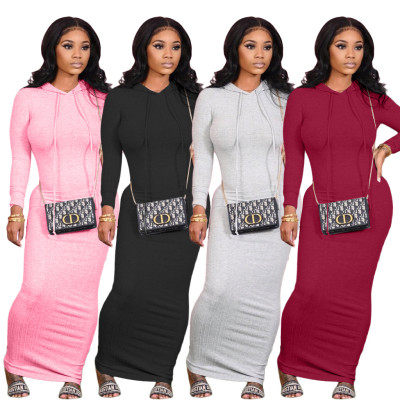 Casual Solid Color Long Sleeves Hooded Bodycon Long Dress BLX7540