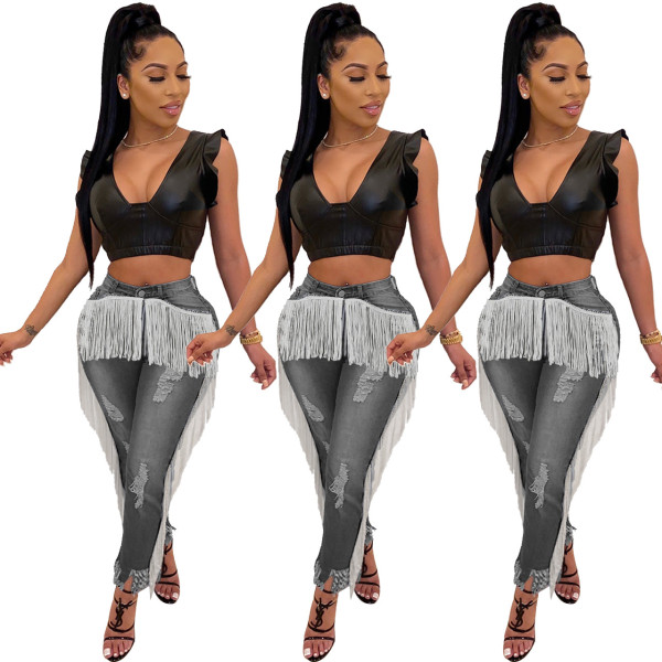 Fashionable Casual Tassel Ripped Denim Tight Pants For Women NK093