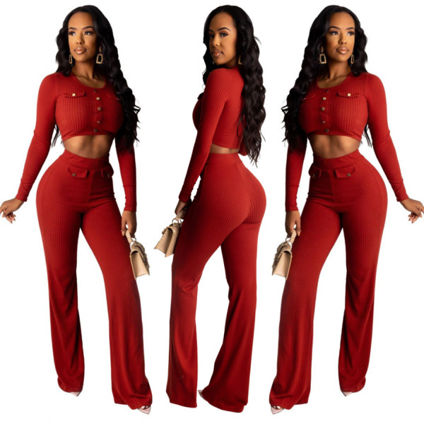 Ribber Button Plain Color Suits Crop Top Wide Leg Pants QZ5307