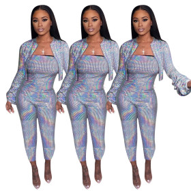 Zipper Pleated Sleeve Short Coat Slinky Jumpsuit Popular Glitter Sets NK083