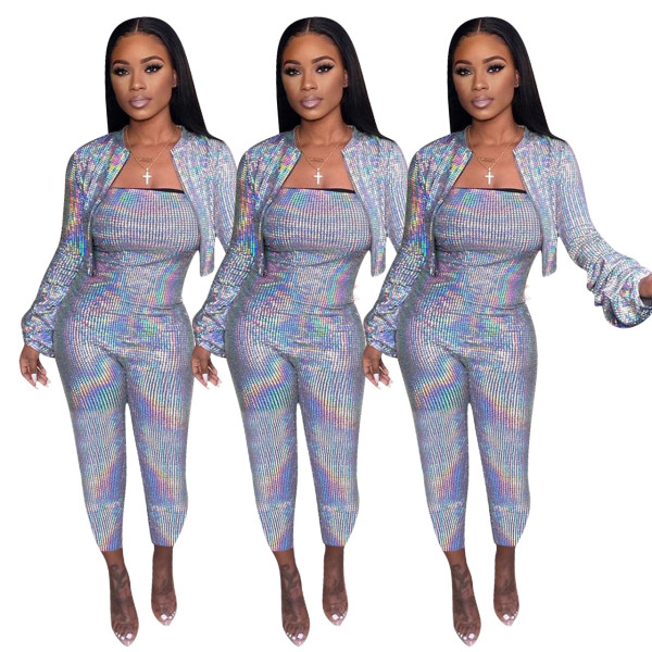 Zipper Pleated Sleeve Short Coat Slinky Jumpsuit Popular Glitter Sets NK083