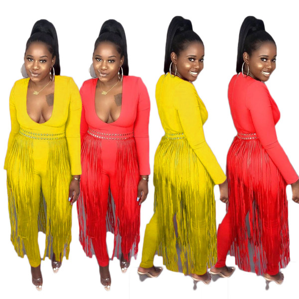 Solie Color Unique Bodycon V Collar Tassel Jumpsuit AMM8196