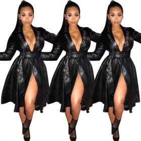 Fashion Leather V-Neck Long Sleeves Belt Long Jacket SMD2040