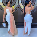 Sexy Mesh Stitching Strapless Backless Strappy Loose Jumpsuit LD8753