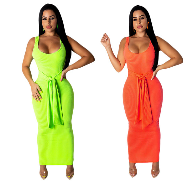 Leisure Solid Color Ribber Sleeveless Tied Ankle Length Dress SN3580