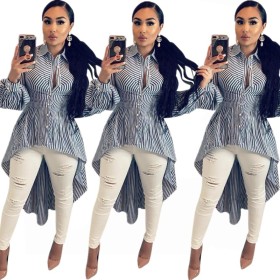 Irregular Botton Down Leisure Long Sleeve Shirt Dress E8134