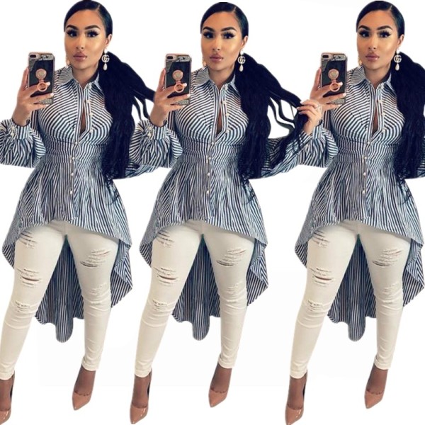 Irregular Botton Down Leisure Long Sleeve Shirt Dress E8134