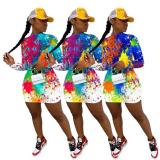 Cool graffiti long sleeve halter nightclub style long dress YF8118
