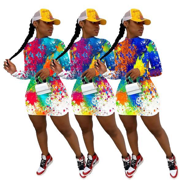 Cool graffiti long sleeve halter nightclub style long dress YF8118