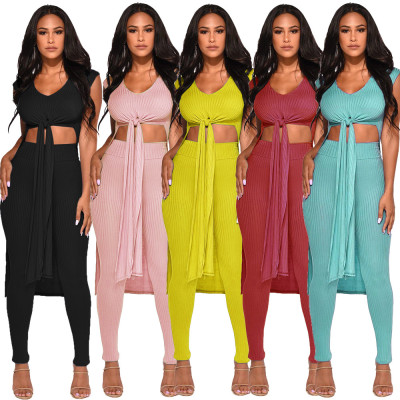 Split Bandage Long Top Solid Color Slinky Pants X9139