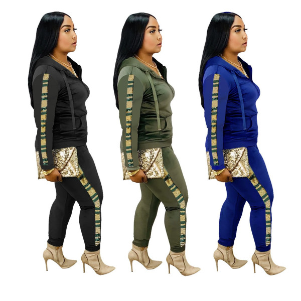 Trendy Women's Sequin Patchwork Bodycon Club Pants Set Outfits Q413