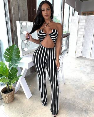 Temperament Women's Striped Printed Sleeve Striped Jumpsuit RO6183