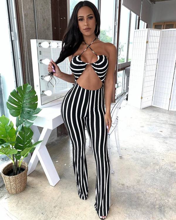 Temperament Women's Striped Printed Sleeve Striped Jumpsuit RO6183